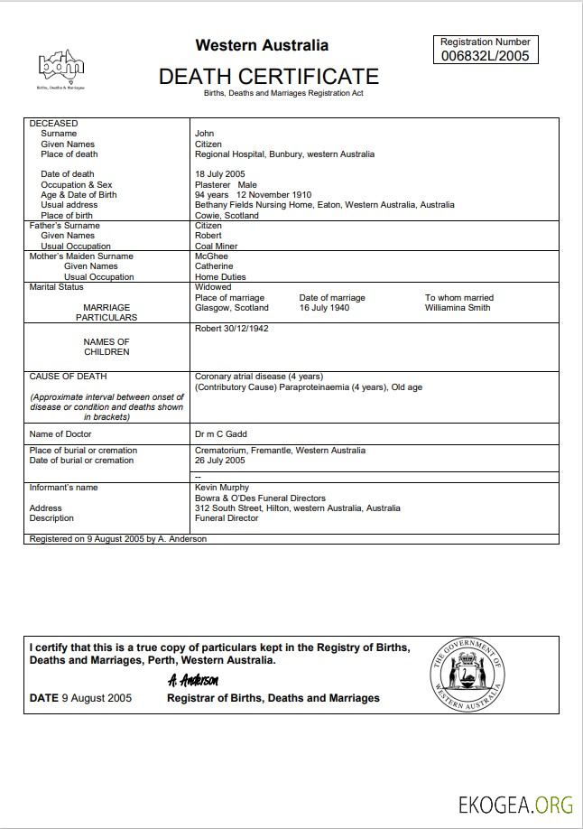 Modèle de certificat de décès Australie Occidentale dans Word